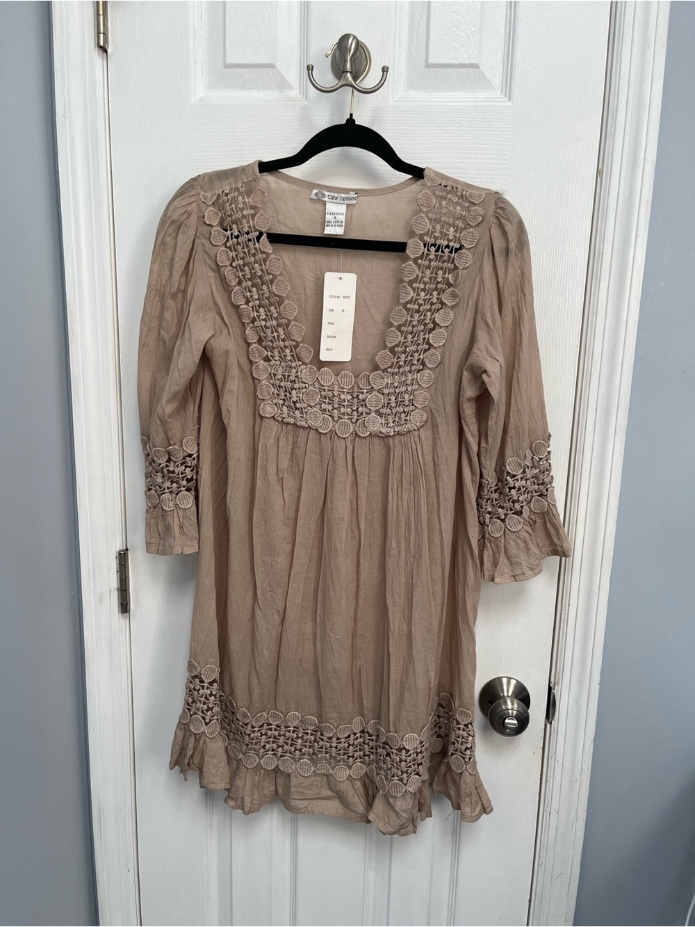Ladies Tunic Dress Tan Sheer 3/4 Sleeve Low Square Neck Small New Cute Options